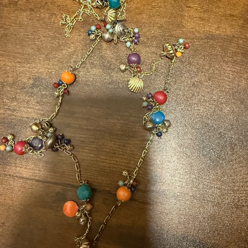 Multicolor Bead and Charm Long Necklace - Gold Chain